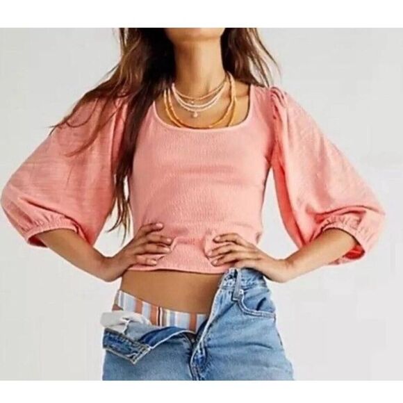 Free people womens Sz L coral Day lily puff Sleeves Top - Picture 2 of 7